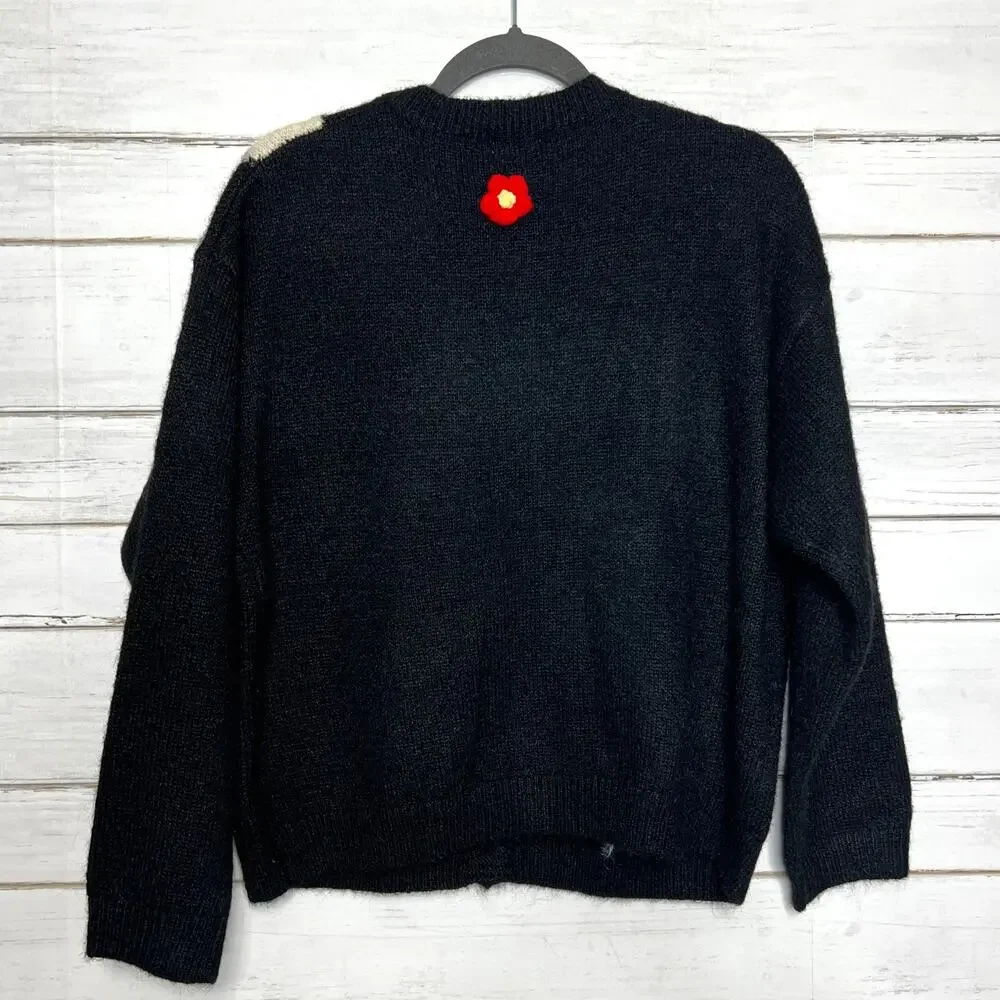 POL Argyle Diamond Floral Cardigan Black Knit Button Front Sweater Size Small